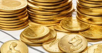 Moedas de ouro e dólares em uma mesa de um leilão